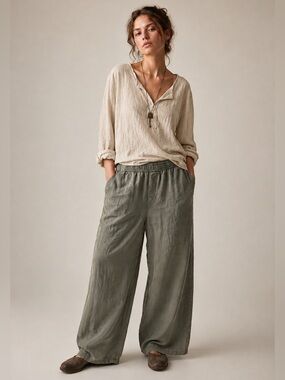 Vintage Old Navy High-Rise Wide Leg Linen Blend Pants Olive Green Lagenlook
